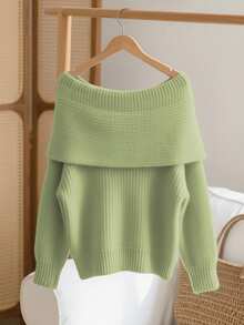 GlowEve 秋冬新款褶皱柔软优雅简约优雅超大蝴蝶结圆领长袖粗针织毛衣女 - 薄荷綠 - 查看 2
