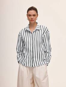 Almamuse Blue & White Striped Shirt, Comfortable For Commuting And Casual Daily Wear, Spring/Summer - White - View 3