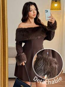 Vionelle Plus Size Detachable Fur Collar & Cuff Off-Shoulder Dress, Elegant Brown Autumn Coffee Dark Chocolate Top Blouses For Women - Brown - View 5