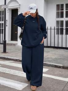Muchica 新款休闲连帽长袖宽松两件套运动服，适合外出、约会等多种场合，尺码齐全，藏蓝色 - 藏蓝色 - 查看 7