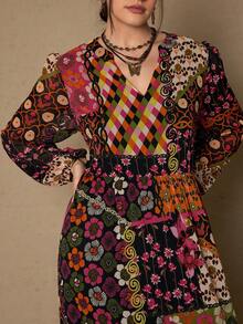 SHEIN VCAY 大码优雅波西米亚风黑色花卉、佩斯利花纹、腰果花印花女士长袖雪纺连衣裙 - 彩色 - 查看 7