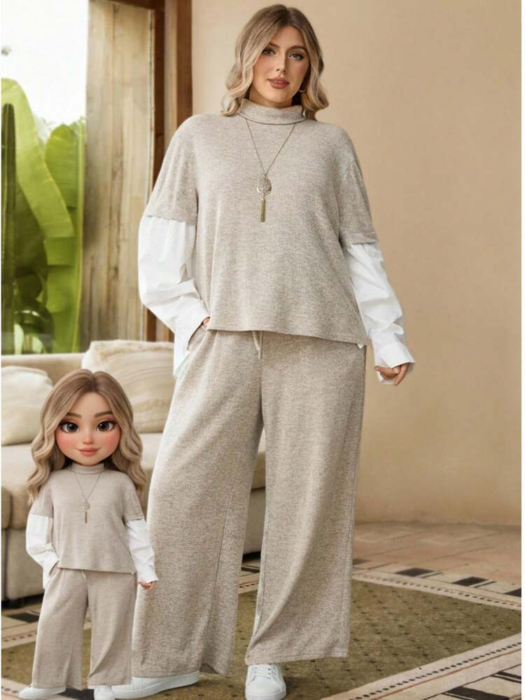 Plus Size Women High Collar 2 In 1 Long Sleeve Top And Wide Leg Pants Casual 2 Pieces Set, Thanksgiving Outfit For Women, Autumn/Winter,2025 New