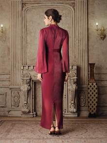 Anewsta Women's Long Pleated Bodycon Dress, Round Neck, Flared Long Sleeve, Glossy Wine Red, Elegant & Versatile For Party & Evening Wear - Burgundy - View 2