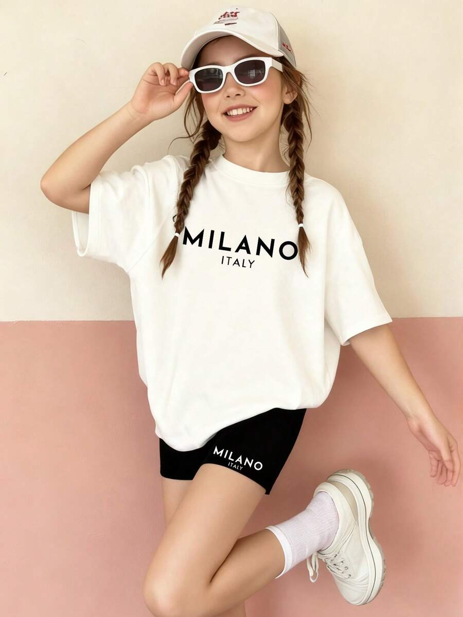 2pcs Teenage Girls' Daily Casual Cycling Pants Set, Versatile - White - View 1