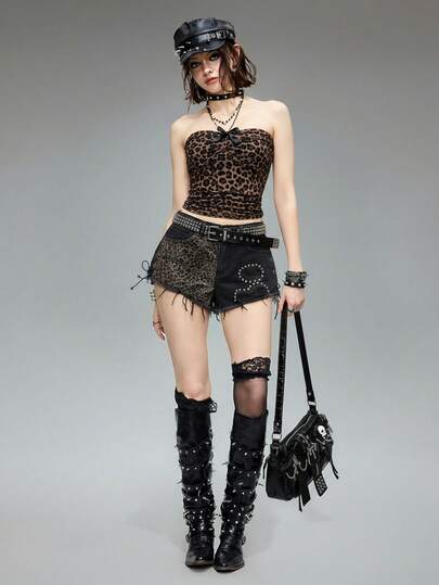 Grunge Punk Top tubo de malla con estampado de leopardo, decoración de moño y cintura fruncida, estilo Gyaru Shibuya Y2K para mujer, escolar