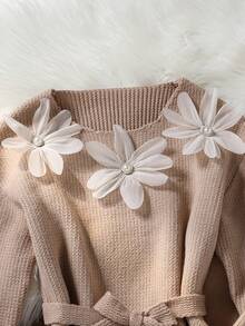 Girls Knit Outfit Set,Dusty Pink,Autumn,Elegant,Wedding Ninang,Modest Long Sleeve Top And Pants With 3D Flower Design,Belted Waist,Sizes 8-12Y Suits - Apricot - View 4