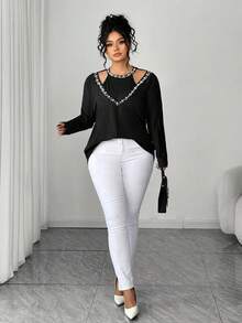 Elenzga Große Größen Elegantes langärmliges figurbetontes Shirt mit Perlenverzierung in Schwarz für Damen, ideal für Ausgehen - Schwarz - Übersicht 6