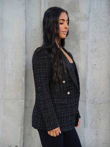 SAYEHFBABY Lapel Neck Double Breasted Tweed Blazer Fall Cloth For Women - Black - View 5