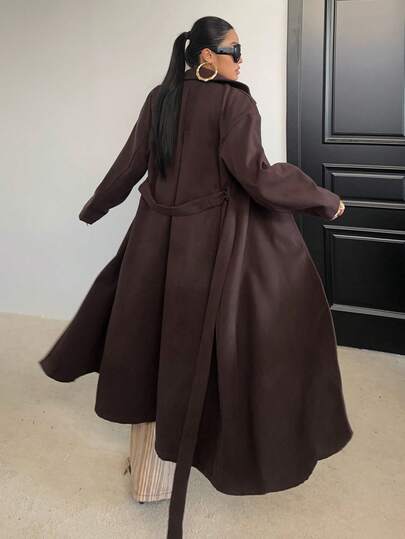 Sunspun Plus Size Women Solid Color Casual Overcoat, Minimalist & Fashionable, Suitable For Daily Wear, Autumn/Winter Ladies Woolen Outerwear