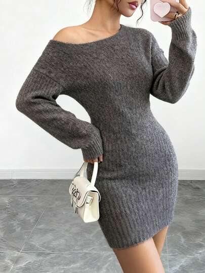 Selianne 女士纯色斜肩长袖修身针织连衣裙，秋冬款