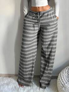 SHEIN SXY Plus Size Women's Comfortable Casual Simple Low-Waisted Drawstring Gray Wide-Leg Striped Pants Comfortable Home Pants - Grey - View 3