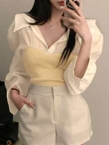 DAZY Áo sơ mi cài nút cổ bẻ 2 trong 1 không dây thời trang dành cho nữ - trắng - Xem 3