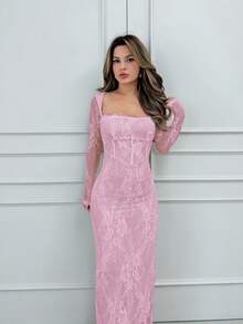 Jemour Váy bó sát tay dài ren chữ S gợi cảm mới cho nữ có corset và cổ vuông cho tiệc tùng, hẹn hò, buổi tối, màu đen, mùa thu/đông - Màu Hồng baby - Xem 5