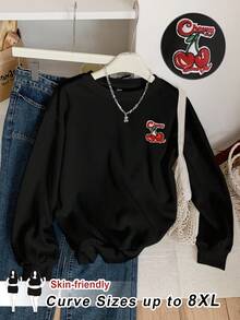 SHEIN CURVE+ Plus Size Casual Simple Cherry Embroidery Pattern Round Neck Long Sleeved Loose Women's Sweatshirt - Black - View 1