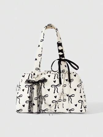 Kawaii Rosa Cord-Schleife Mode Shopper, Damen Handtasche mit Schleife & Herz Muster, süße Schleifentasche für Frauen, perfekt passend zu Herbstoutfits für Frauen