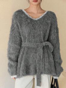 Dazy-Less Women's V-Neck Long Sleeve Loose Fuzzy Sweater, Autumn/Winter - Grey - View 1
