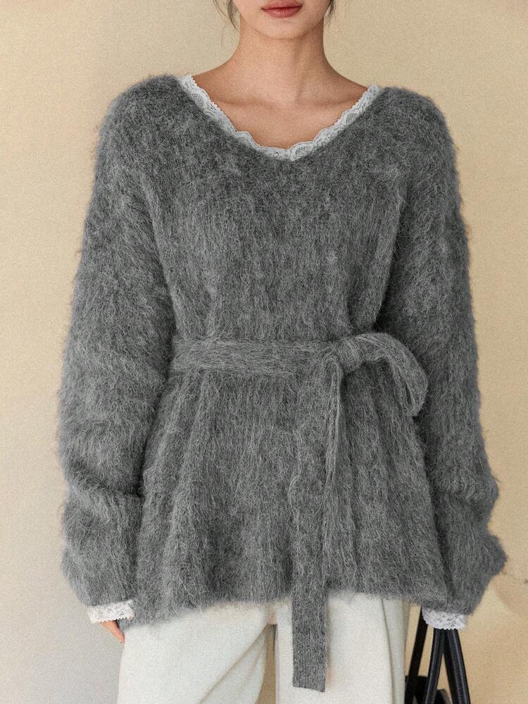 Women's V-Neck Long Sleeve Loose Fuzzy Sweater, Autumn/Winter