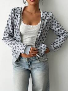 FavEase Sudadera con capucha de ajuste ceñido con estampado de corazón para mujer, otoño/invierno - Gris - Ver 1