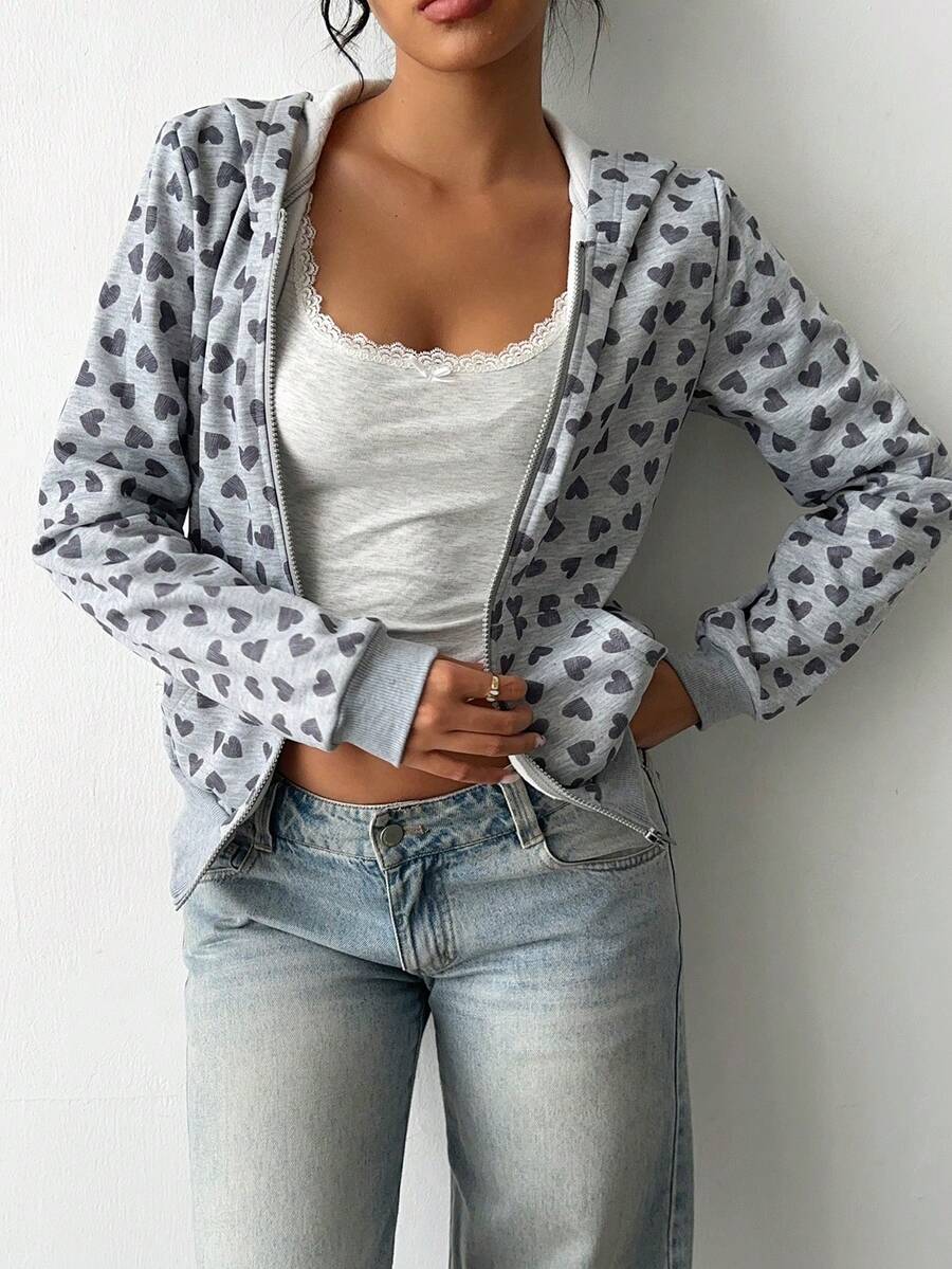 FavEase Sudadera con capucha de ajuste ceñido con estampado de corazón para mujer, otoño/invierno - Gris - Ver 1