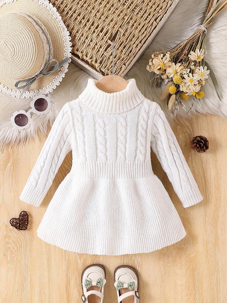 SHEIN Vintaside Kids 女婴高领麻花针织长袖毛衣连衣裙 - 白色 - 查看 1