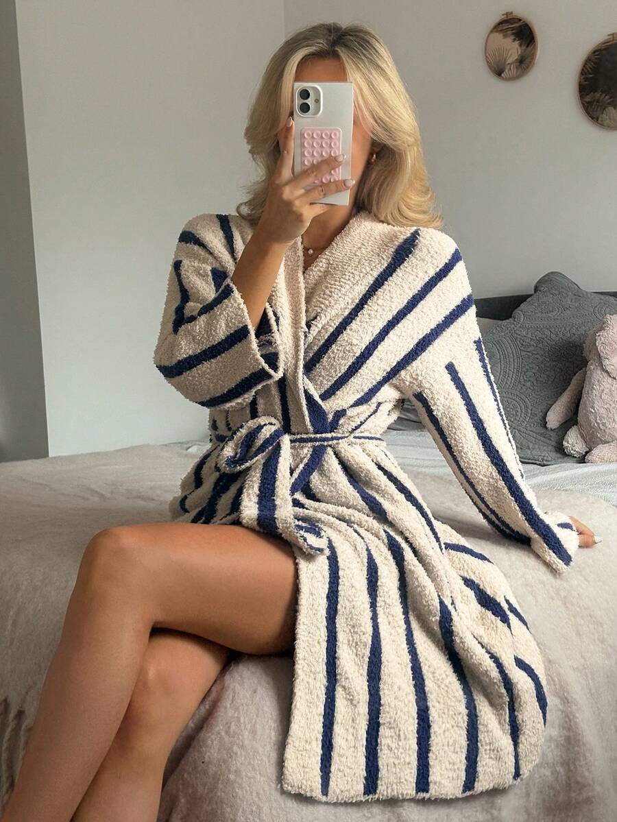 DAZY Women's Fleece Striped Jacquard Knit Mid-Length Fluffy Robe, Winter Sleepwear - Blue - View 1