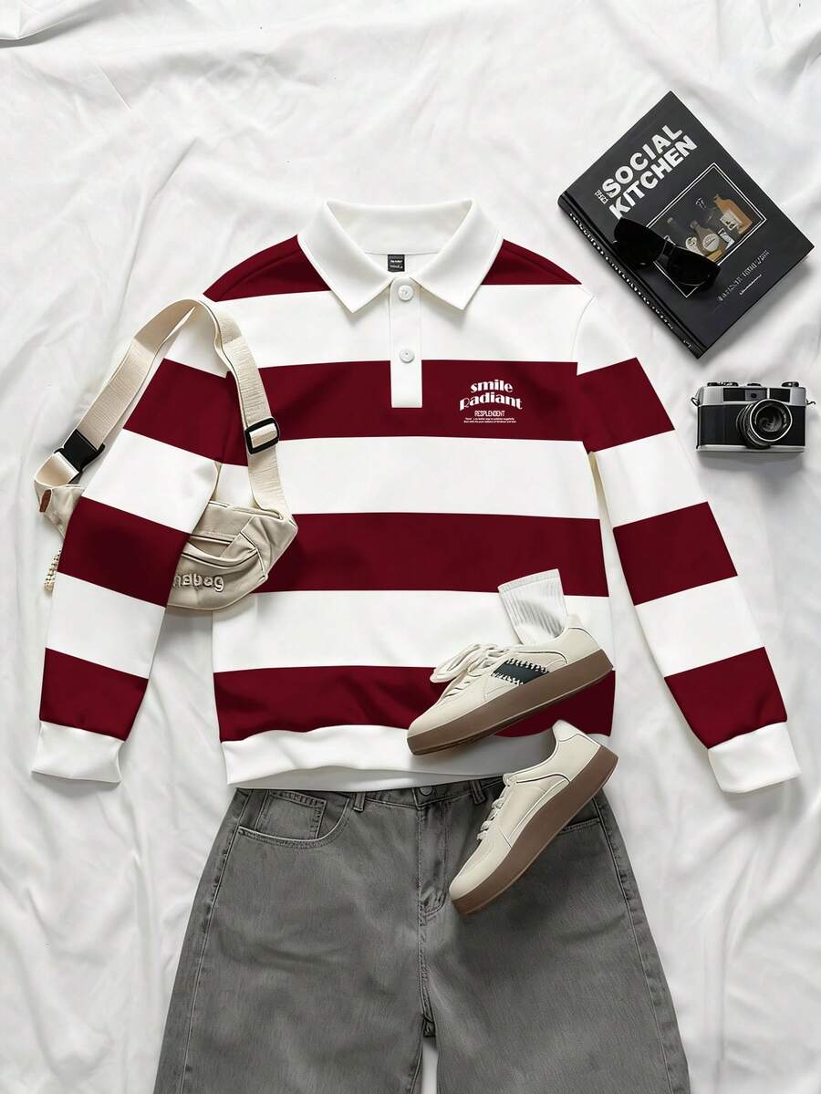 Manfinity Joysei Men's Letter Print Striped Polo Collar Long Sleeve Casual Pullover Sweatshirt - Red and White - View 1