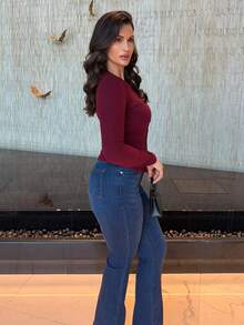 MDEdit 罗纹纽扣长袖圆领上衣休闲度假机场假日秋冬圣诞节 - 酒紅色 - 查看 4