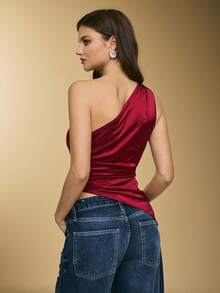 Poéselle 女士Y2K红色无袖褶皱不对称下摆修身时尚上衣，红色上衣，新年，优雅女士上衣，圣诞派对，派对，优雅派对，适合日常穿着，派对，外出，通勤，秋冬季 - 酒紅色 - 查看 7