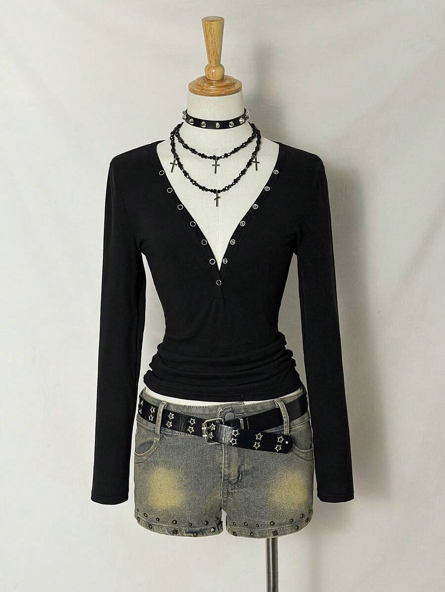 EgrlEra Áo thun gân cổ chữ V sâu gợi cảm dành cho nữ, màu đen, thu/đông - màu đen - Xem 1