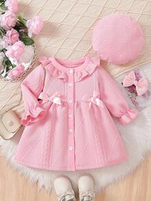 SHEIN Elladie kids 女婴粗花呢撞色格纹荷叶边蝴蝶结装饰连衣裙及帽子套装 - 粉色 - 查看 2