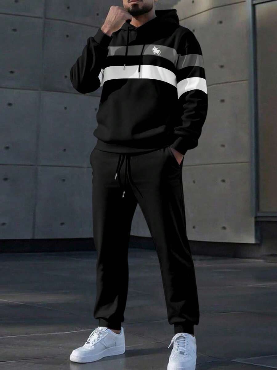 Manfinity Homme Men's Knight Print Drawstring Hooded Sweatshirt And Sweatpants Casual Suit - Multicolor - View 1