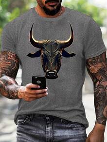 Manfinity LEGND Áo thun nam tay ngắn in hình đầu bò, thời trang dạo phố, đi làm hàng ngày, mùa hè - Xám - Xem 1