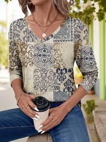 EMERY ROSE 女士休闲优雅V领长袖T恤，复古拼接图案，适合秋冬季穿着 - 彩色 - 查看 3