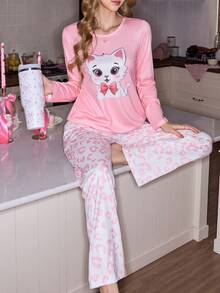 SweetSlumber 可爱卡通猫和豹纹印花女士睡衣套装 - 彩色 - 查看 1