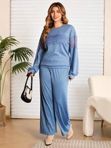 EMERY ROSE Plus Size Dusty Blue Lace Patchwork Sweatshirt And Pants 2 Pieces Set,Elegant Curve Smart Casual Loungewear,Cozy Autumn Winter Vacation Outfits Women - Blue - View 4