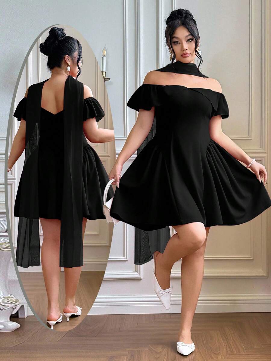 Roveilla 大码女士优雅浪漫露肩迷你连衣裙，配腰带，短款荷叶边圣诞连衣裙，收腰鸡尾酒会连衣裙，性感红色连衣裙，生日连衣裙，浪漫连衣裙 - 黑色 - 查看 1