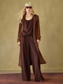 MOTF STUDIO 2 PIEZAS CONJUNTO CASUAL DE MUJER CON TOP Y PANTALONES CON CUERDA TRENZADA Y ADORNO DE CUENTAS - Café integral - Ver 4