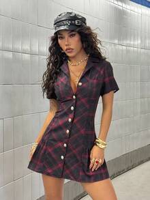 SHEIN HypeZone Vestido mini sexy de patchwork a cuadros, estilo punk rock para uso diario - Multicolor - Ver 4
