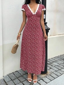 SHEIN Unity 蓝色花卉拼接蕾丝V领A字连衣裙，优雅可爱，适合度假、海滩、日常穿着、派对、郊游、下午茶等场合，是夏季女性的百搭之选。 - 酒紅色 - 查看 6