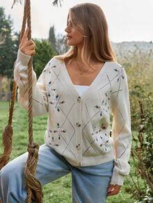 EURMUSE Áo khoác len cardigan Pointelle màu ngà thêu hoa pastel và họa tiết kim cương - Màu be - Xem 3