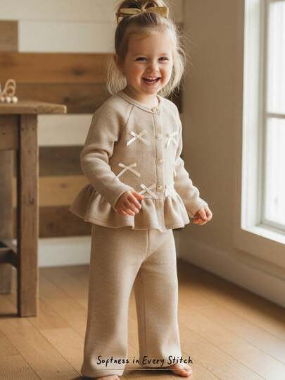 Cozy Pixies 2pcs Baby Girl Decorative Textured Bow Round Neck Long Sleeve Cardigan Dress & Elastic Waist Pants Set
