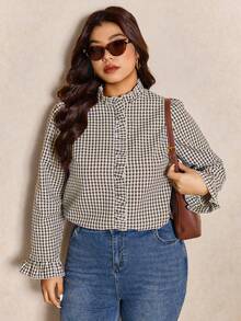 Elaquor Plus Size Women Frill Collar Plaid Long Sleeve Casual Shirt - Coffee Brown - View 6