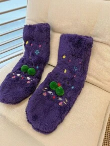 Joivida New Autumn And Winter Coral Fleece Thickened Floor Socks For Men And Women, Warm Sleep Socks With Lamb Wool, Cute Cartoon 3D Pom-Pom Coral Fleece Socks, Multi-Color Fun And Cozy Mid-Calf Socks, Comfortable Plush Socks For Home Or Outdoor Wear - Multicolor - View 9