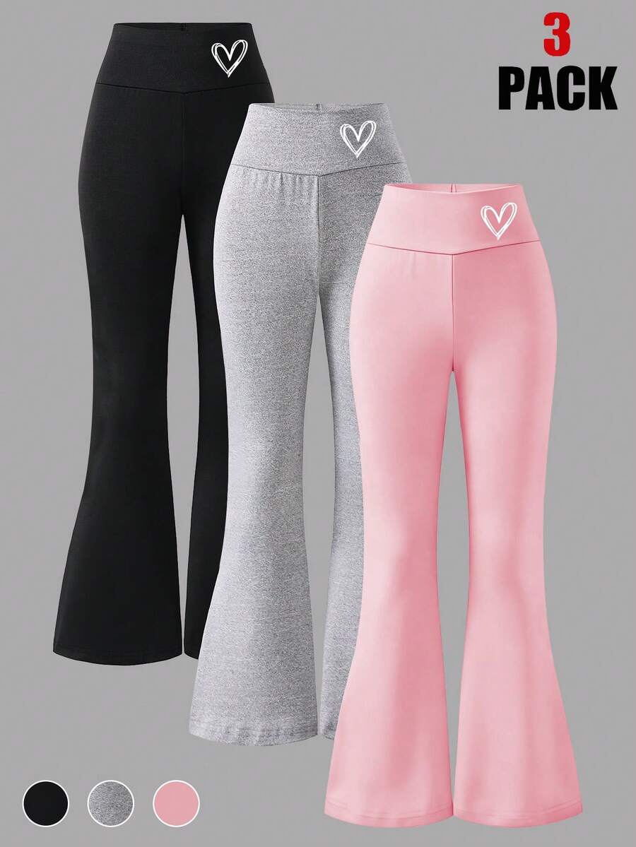 3pcs/Set Tween Girl Heart Print Casual Comfortable Fashion Flare Pants, Black, Gray, Pink, Stylish Autumn/Winter - Multicolor - View 1