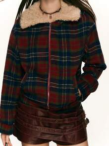 Rina Fox Áo khoác cardigan cổ lông cừu kẻ sọc Giáng sinh thường ngày dành cho nữ, mùa thu/đông - Đỏ - Xem 6