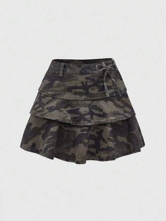 Fairycore Women's Kpop Summer Casual Camouflage Printed Multi-Layer Denim Skirt, School