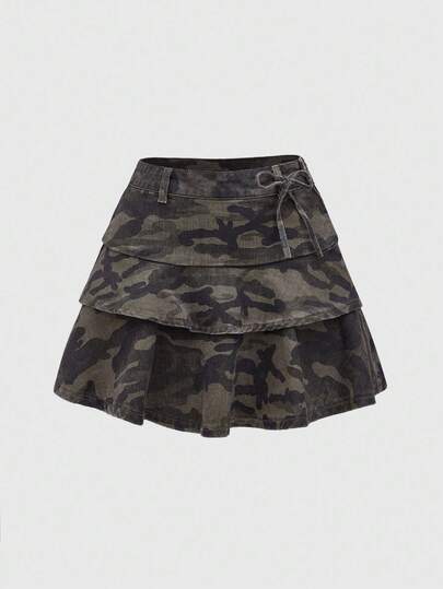 Fairycore Falda vaquera de verano casual con estampado de camuflaje multicapa para mujer, para la escuela