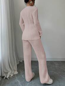 SHEIN PETITE 女款灰粉色秋季兩件式針織毛衣套裝，休閒居家優雅專業辦公通勤穿搭，百搭斯德哥爾摩風外出上衣，適合嬌小女性 - 淺粉色 - 查看 2