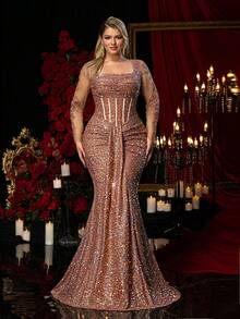 Glamrae Đầm dạ hội dáng đuôi cá sang trọng, cỡ lớn, màu sâm panh, đính sequin lấp lánh, tay dài, thêu tay tinh xảo, phù hợp cho mọi dịp trang trọng như đám cưới, tiệc tùng, lễ tốt nghiệp, dạ hội, lễ tình nhân. - Rượu sâm banh - Xem 5