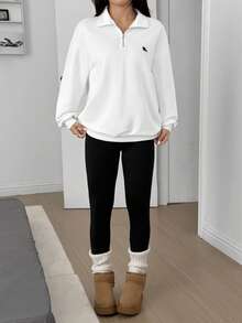 SHEIN EZwear Old Money Casual Sets For Women Casual Versatile College Style Solid Color Sweatshirt And Leggings Women Set - White - View 3